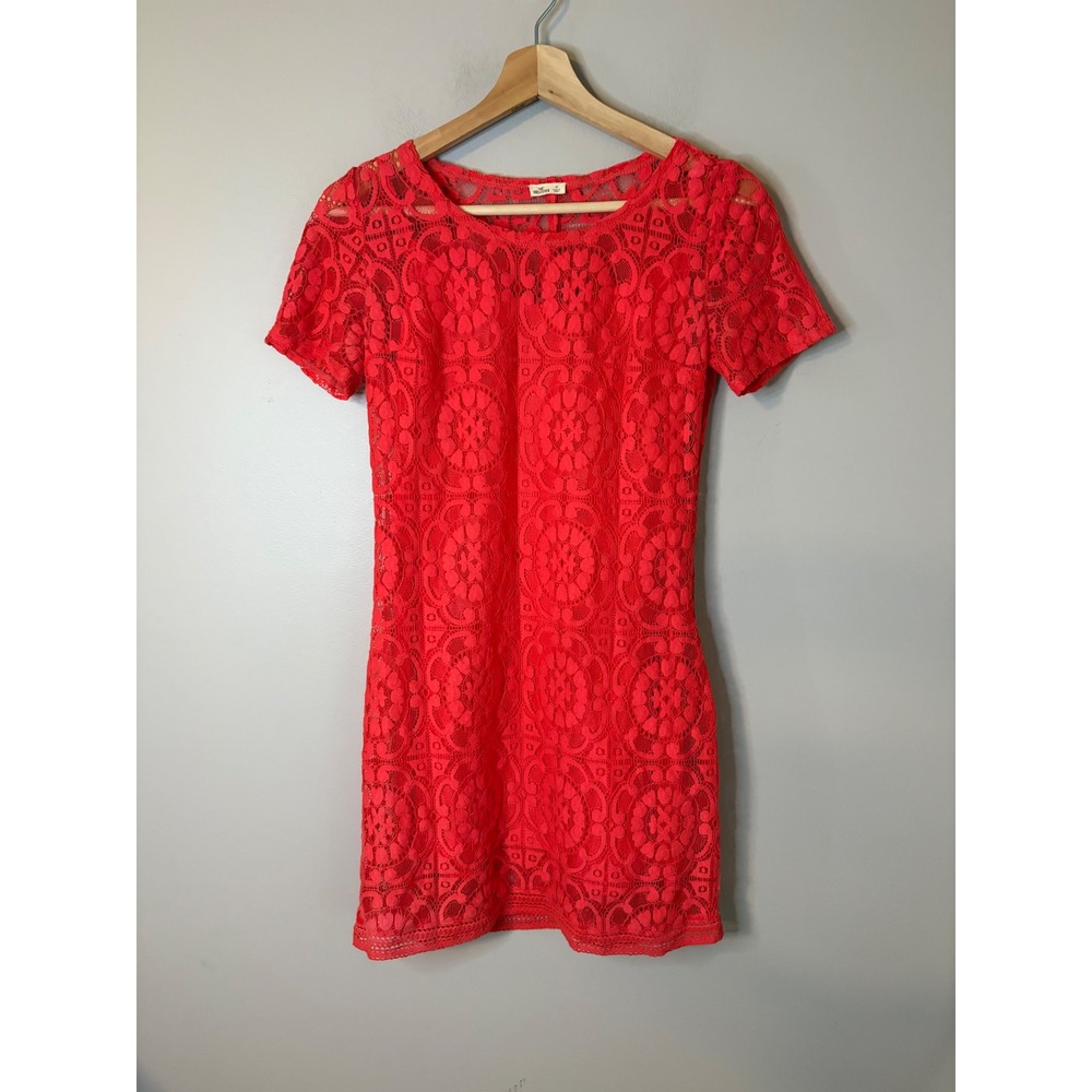 Hollister Lace Mini Dress Women XS Red orange Short Sleeve Floral Sheath